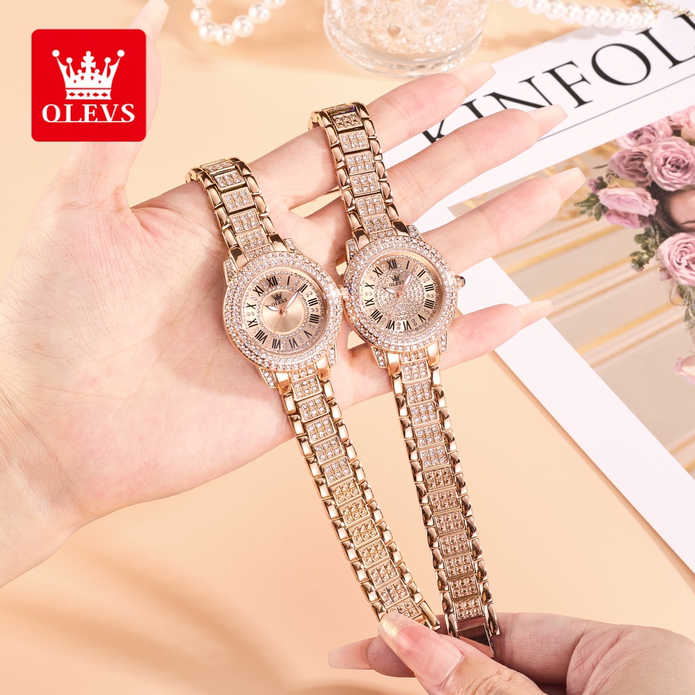 Luxury Watch Quartz - OLEVS นาฬิกาแฟชั่นสุดหรูสำหรับสุภาพสตรี หน้าปัดประดับเพชร กันน้ำ นาฬิกาควอทซ์ฝังเพชรสำหรับผู้หญิง นาฬิกาเดรสสวยงามทันสมัย