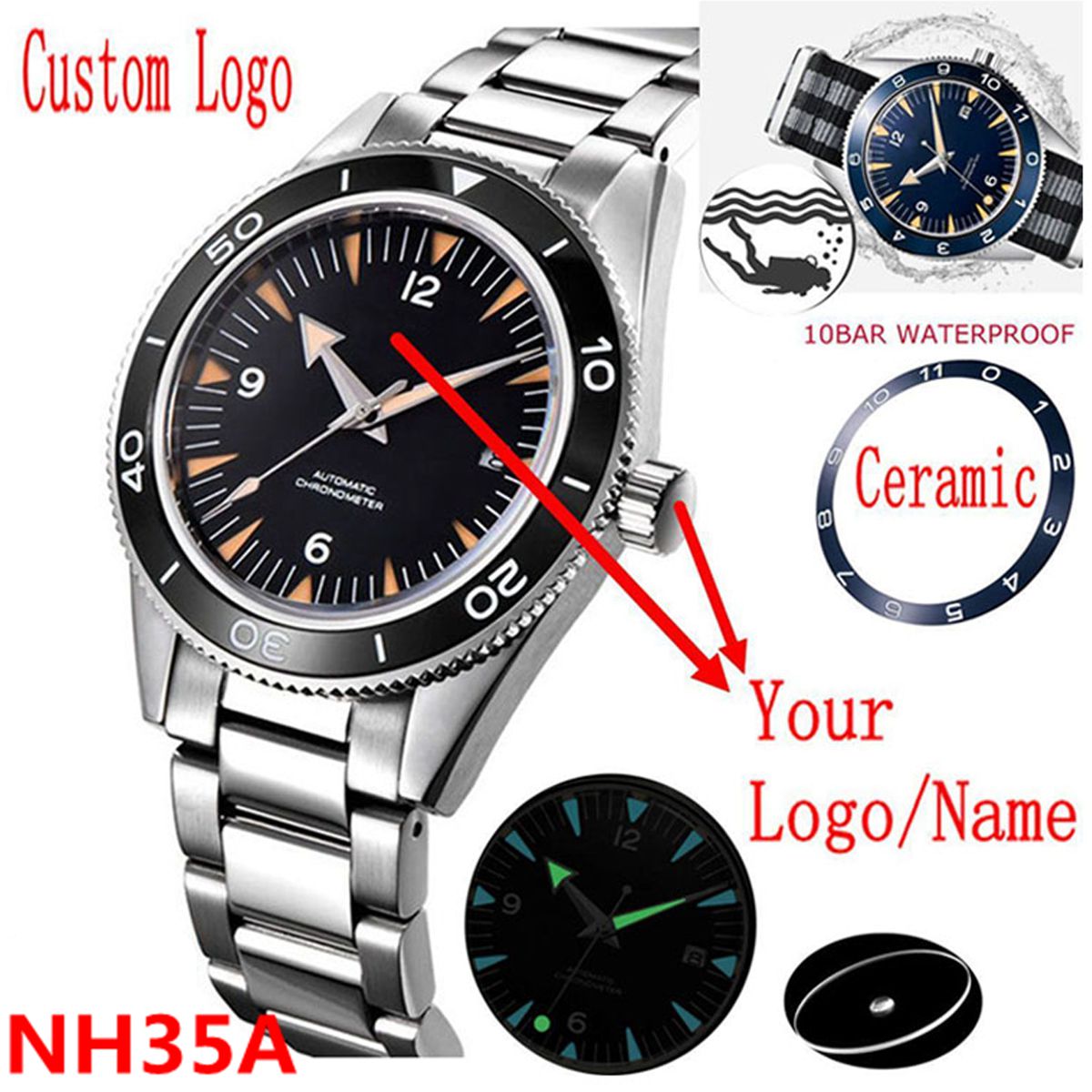 Luxury Watch Deals - โลโก้ที่กําหนดเอง NH35 นาฬิกา 10 บาร์ Mens
