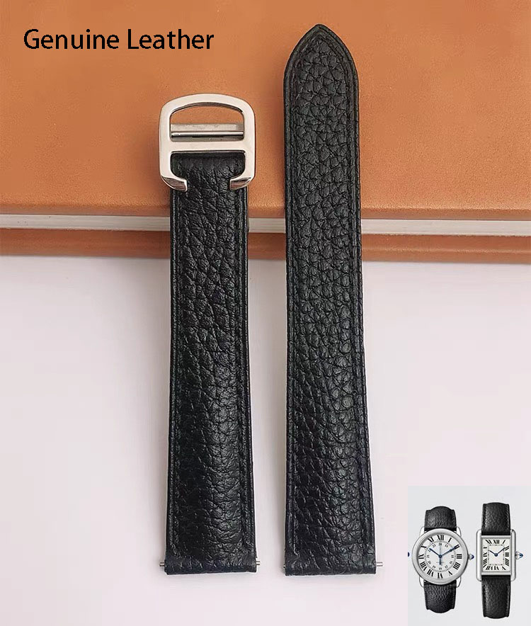 Luxury Watch Cartier - สายนาฬิกาหนังแท้เหมาะสำหรับสายนาฬิกาคาร์เทียร์ ซานโตส แทงค์ โซโลสายนาฬิกาหนังวัวสีดำ