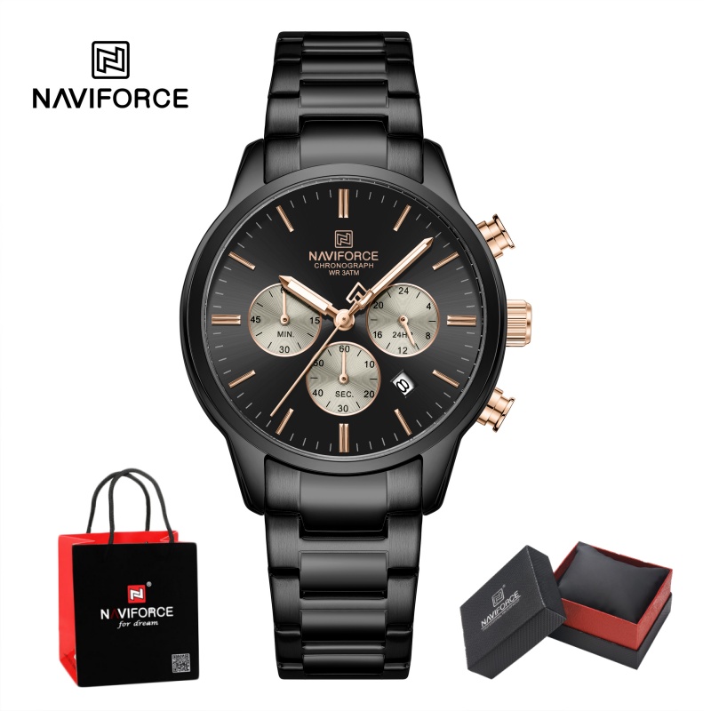 Luxury Watch Strap - นาฬิกาข้อมือผู้ชาย NAVIFORCE ระบบควอตซ์โครโนกราฟ กันน้ำ แสดงวันที่ สายเหล็ก