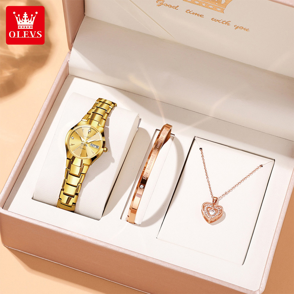 Luxury Watch Quartz - OLEVS สุภาพสตรีนาฬิกา 8697 หรูหราควอตซ์นาฬิกากันน้ําทังสเตนเหล็กวันที่นาฬิกาสําหรับนาฬิกาผู้หญิงชุดสร้อยข้อมือ