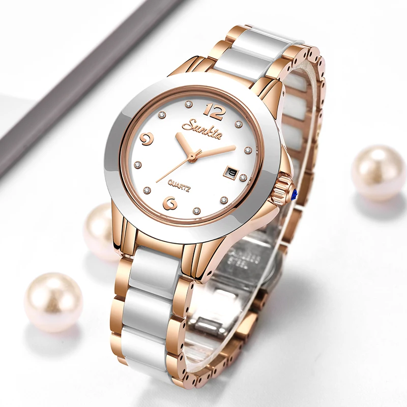 Luxury Watch Quartz - ซุนก้าต้าแฟชั่นนาฬิกาควอทซ์ผู้หญิงลำลองหรูหราเซรามิคเพชรปฏิทินกันน้ำสุภาพสตรีนาฬิกาผู้หญิงมงเตร เฟมม์