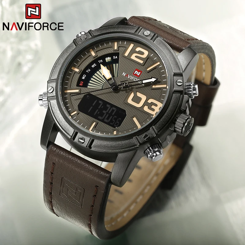 Luxury Watch Zone - NAVIFORCE แบรนด์ชั้นนำนาฬิกาผู้ชายมัลติฟังก์ชั่น LED นาฬิกาข้อมือดิจิตอลสปอร์ตหรูหราทหารสายหนังควอตซ์อิเล็กตรอนนาฬิกาชาย
