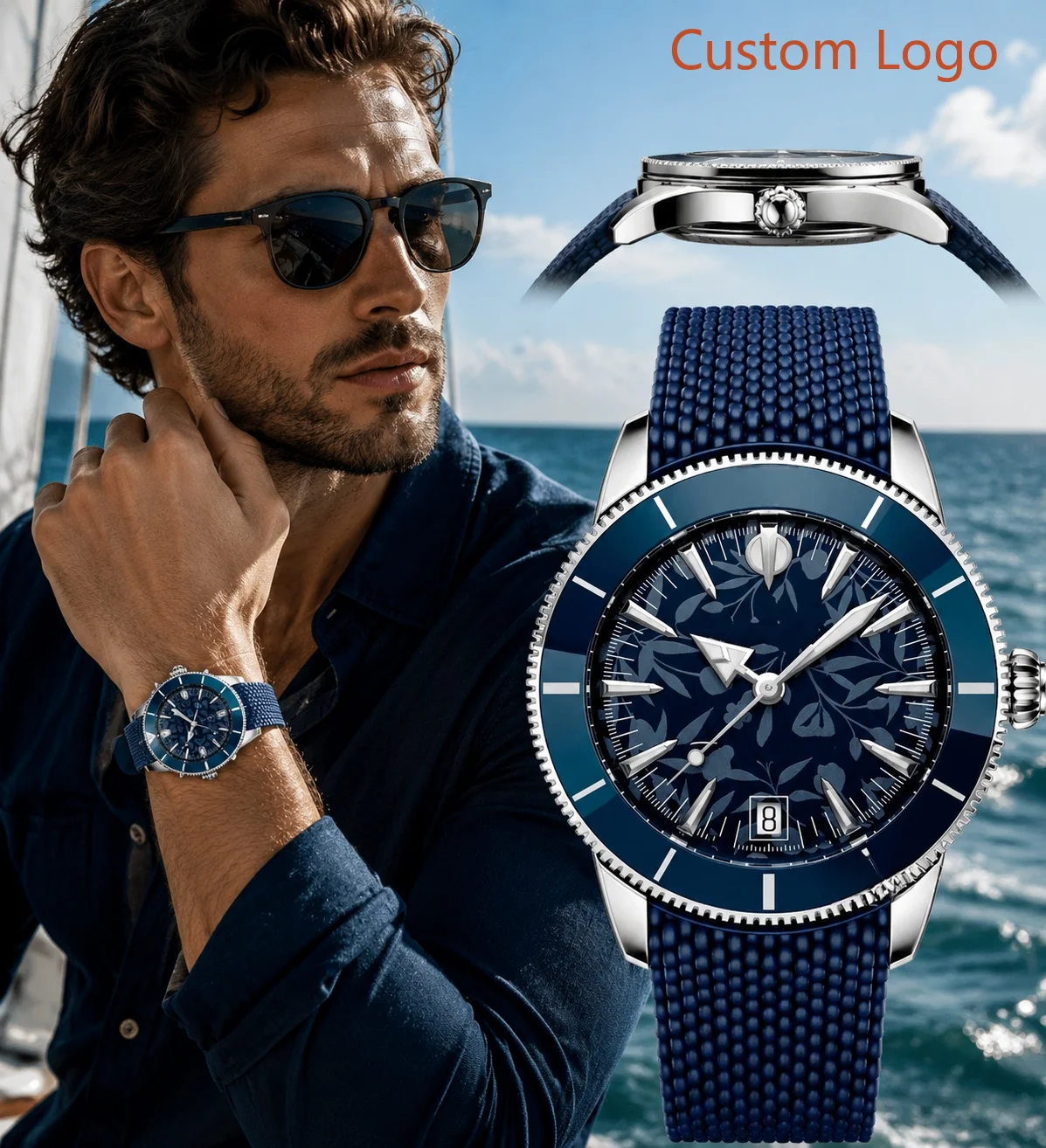 Luxury Watch Strap - นาฬิกาดำน้ำอัตโนมัติสำหรับผู้ชาย ขนาด 46 มม. ขอบเซรามิกสีน้ำเงินหมุนได้ หน้าปัดลายดอกไม้สุดพิเศษ