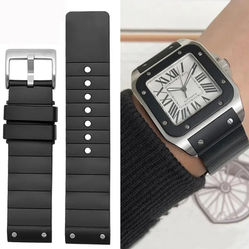 Luxury Watch Cartier - นาฬิกาคุณภาพสูงสําหรับ Cartier Santos 100 ยางสีดําสายนาฬิกาผู้ชายผู้หญิงซิลิโคนอุปกรณ์เสริมสร้อยข้อมือ 23